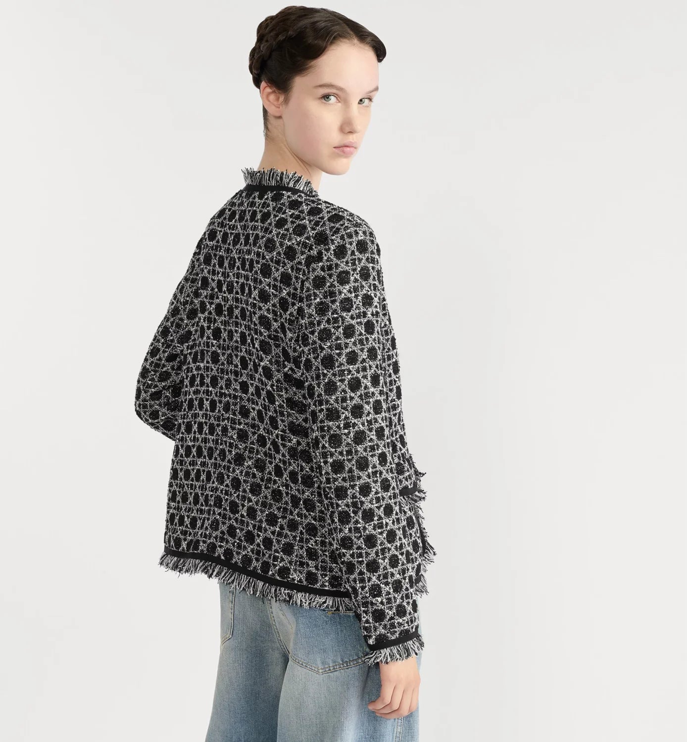 DIOR Macrocannage Regular Fit Jacket Mid-Length Macrocannage Flared Skirt  Black White Cotton-Blend Tweed Knit  #334340
