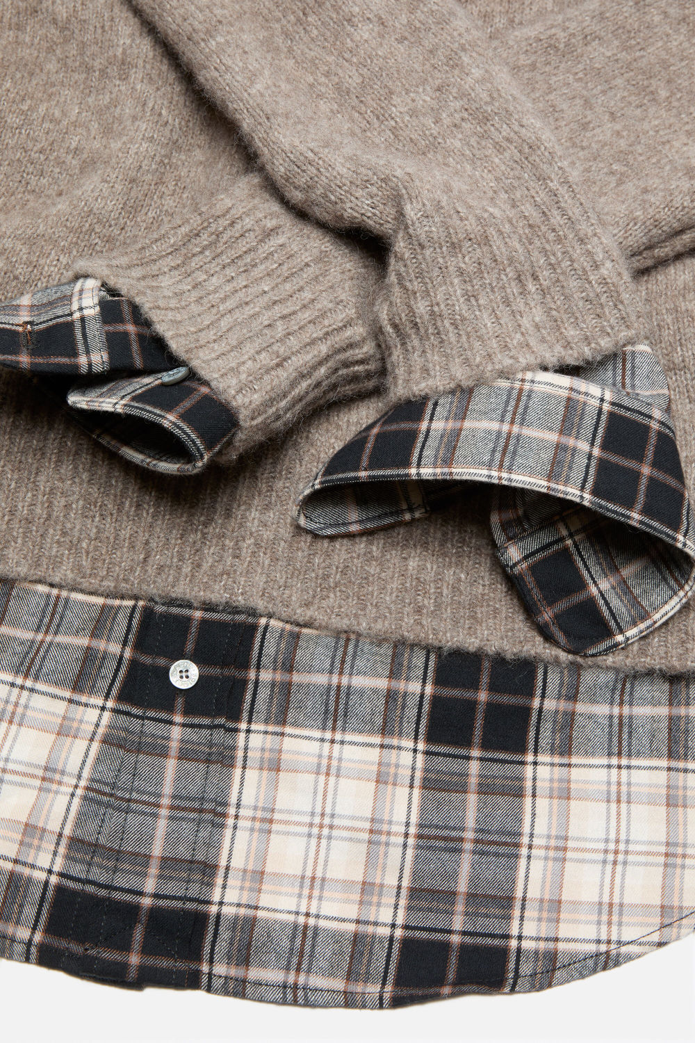 Acne Studios FW25 Women's Layered Wool Hoodie Beige Plaid Patchwork Sweater #332244