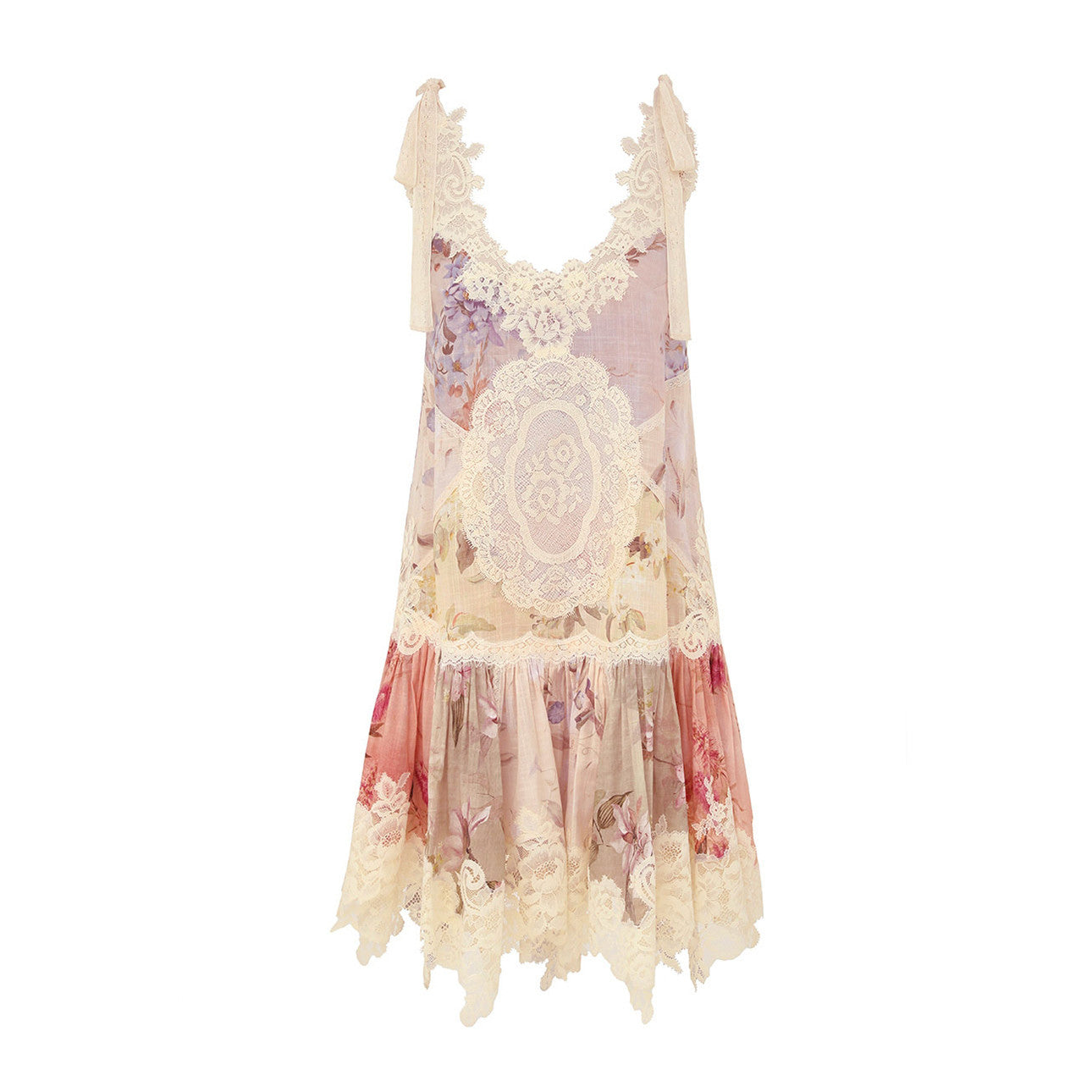 Zimmermann Women's Cascadian Lace Embroidered Contrast Color Patchwork Print V-Neck Summer Sleeveless Mini Dress #81568