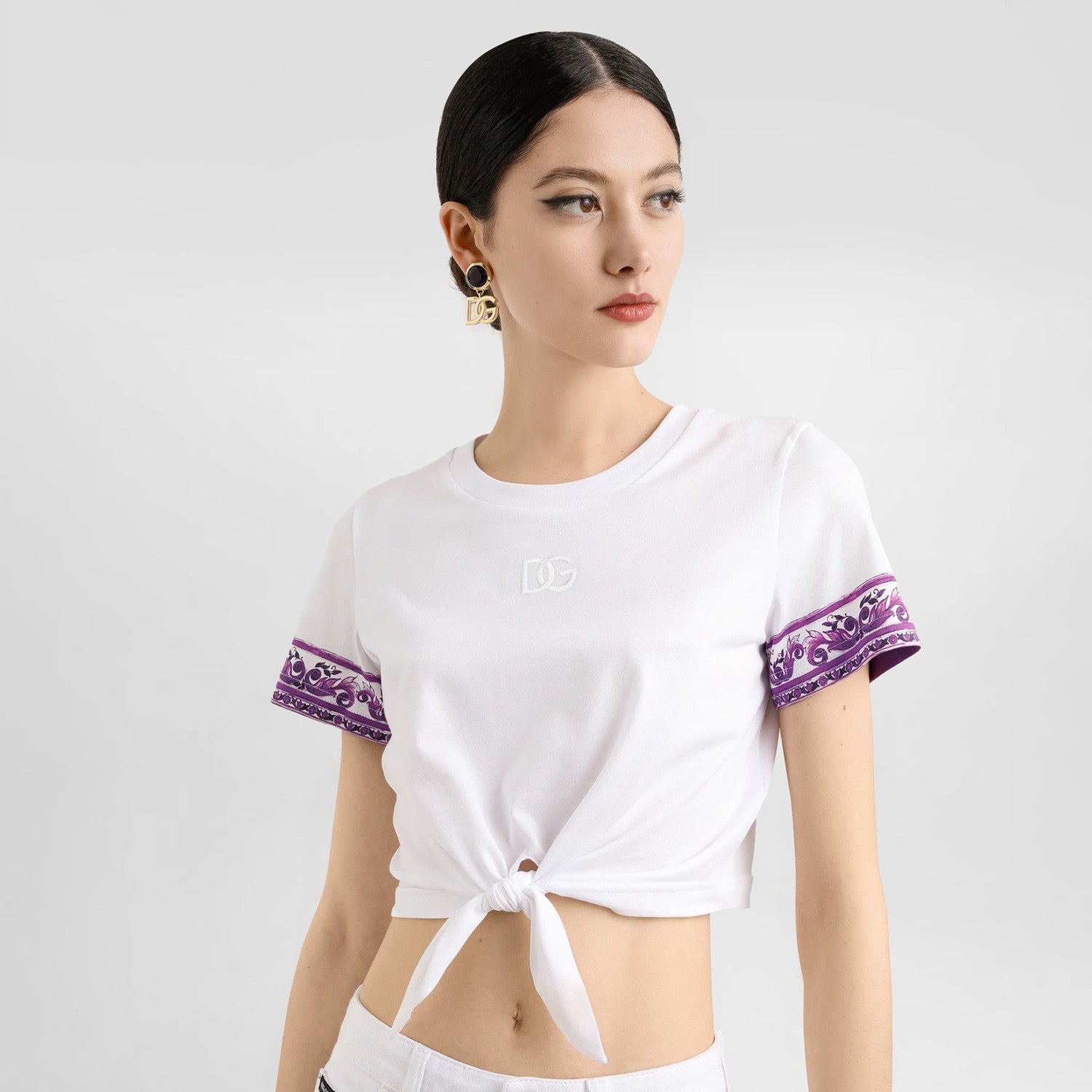 Dolce&Gabbana Women's Summer Logo Embroidered Tie-Front Round Neck Solid Color Silk Short Sleeve T-Shirt #81493