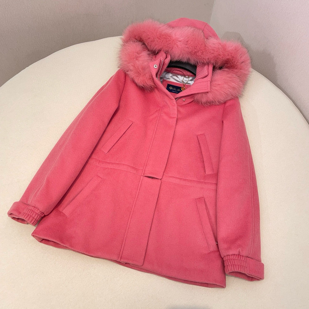 Loro Piana Lcery Short Women's Ski Jacket Furry Collar Warm Fashion Long Sleeve Jacket Elegant Temperament Loose Casual Coat  Ngvp #2418