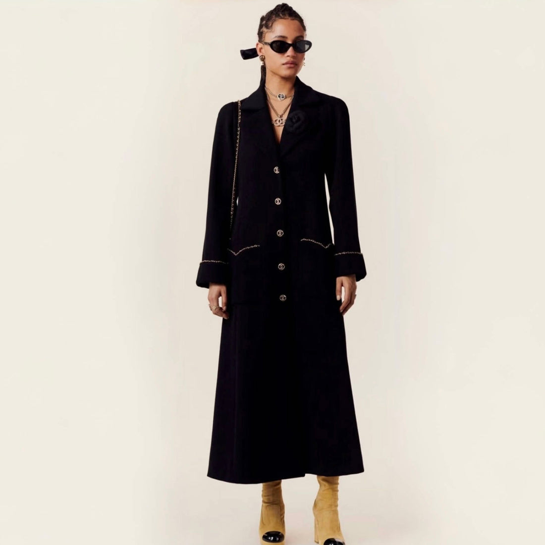 Chanel Women's Vintage Wool Blend Spring/Fall/Winter Solid Color Lapel Single-Breasted Long Coat Jacket #81572