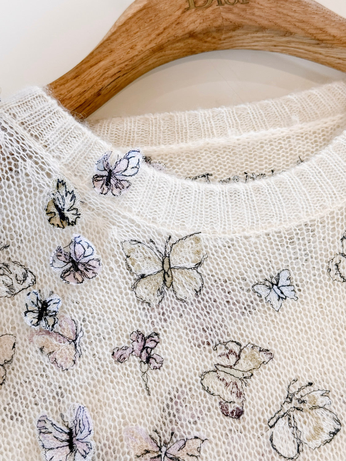 DIOR Embroidered Sweater White Alpaca Cashmere and Silk Knit with Multicolor Butterflies Iris Motif #335853