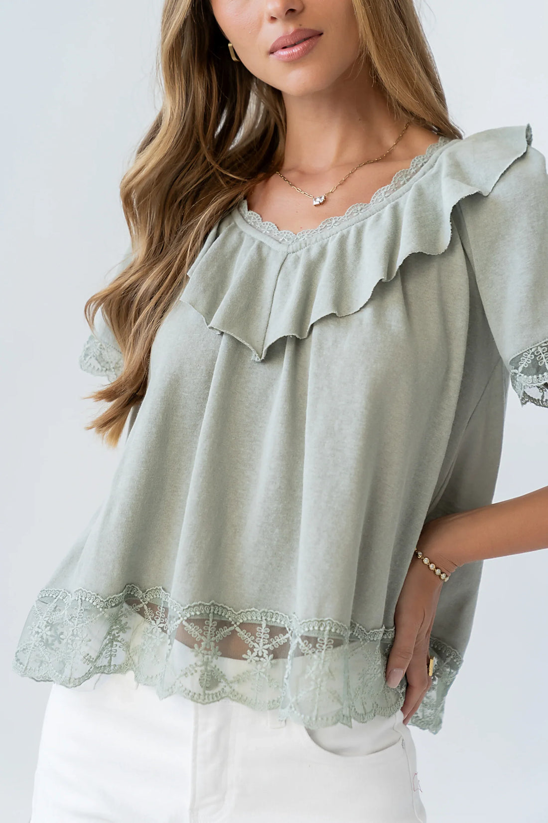 Lilian Lace Trim Top in Sage