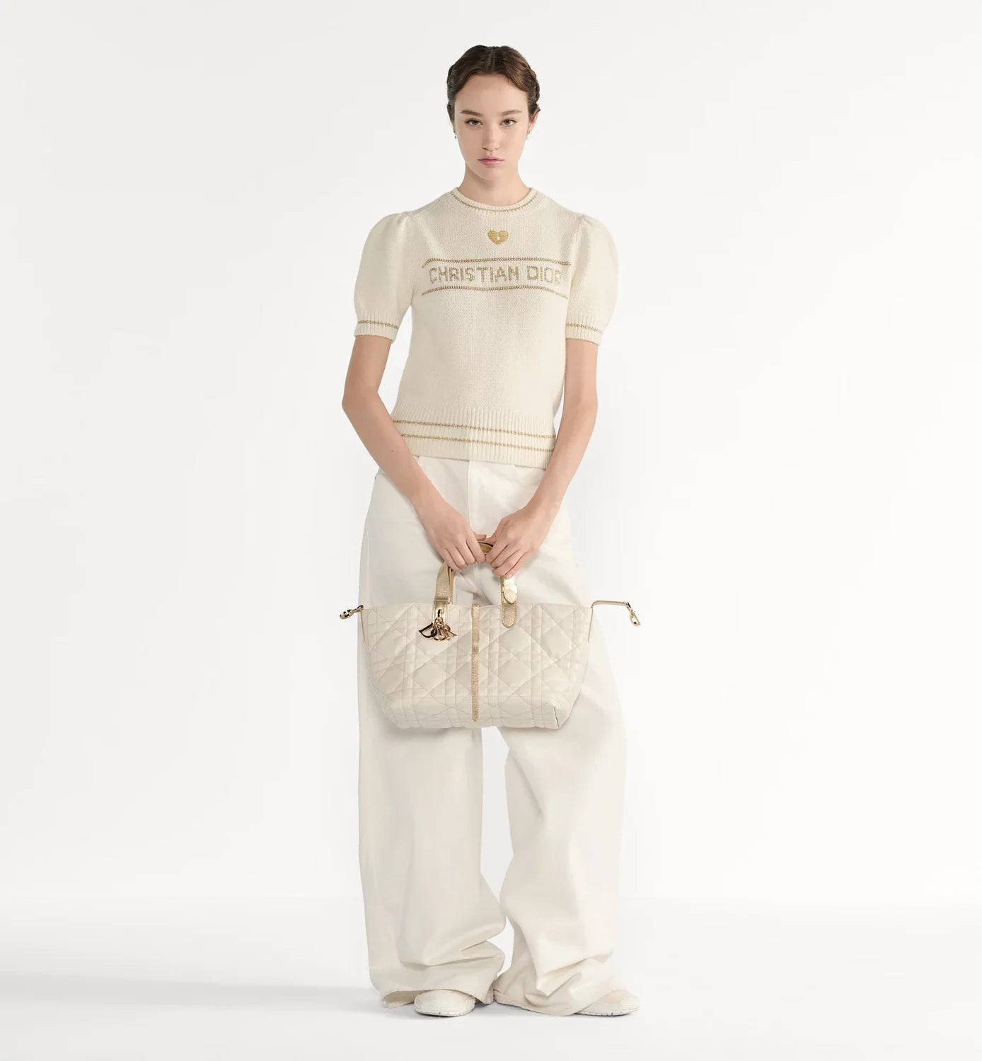 DIOR Short-Sleeved Sweater Ecru and Gold-Tone Virgin Wool-Cashmere Blend Knit #335676