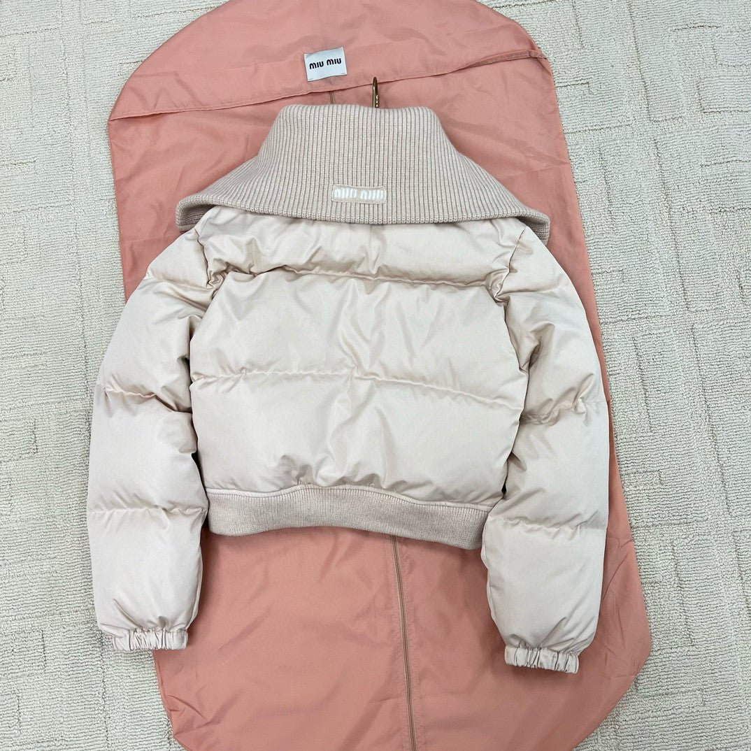 MiuMiu Women's Fall/Winter Logo-Printed Collar Zipper Goose Down Solid-Color Long-Sleeve Puffer Down Jacket #81739