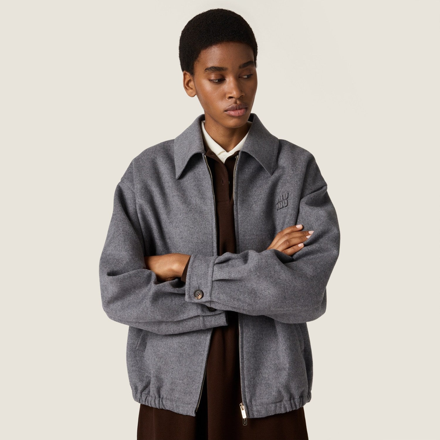 MiuMiu Women's Embroidered Solid-Color Collared Zipper Spring/Fall/Winter Double-Layer Pure Wool Blend Jacket #81748