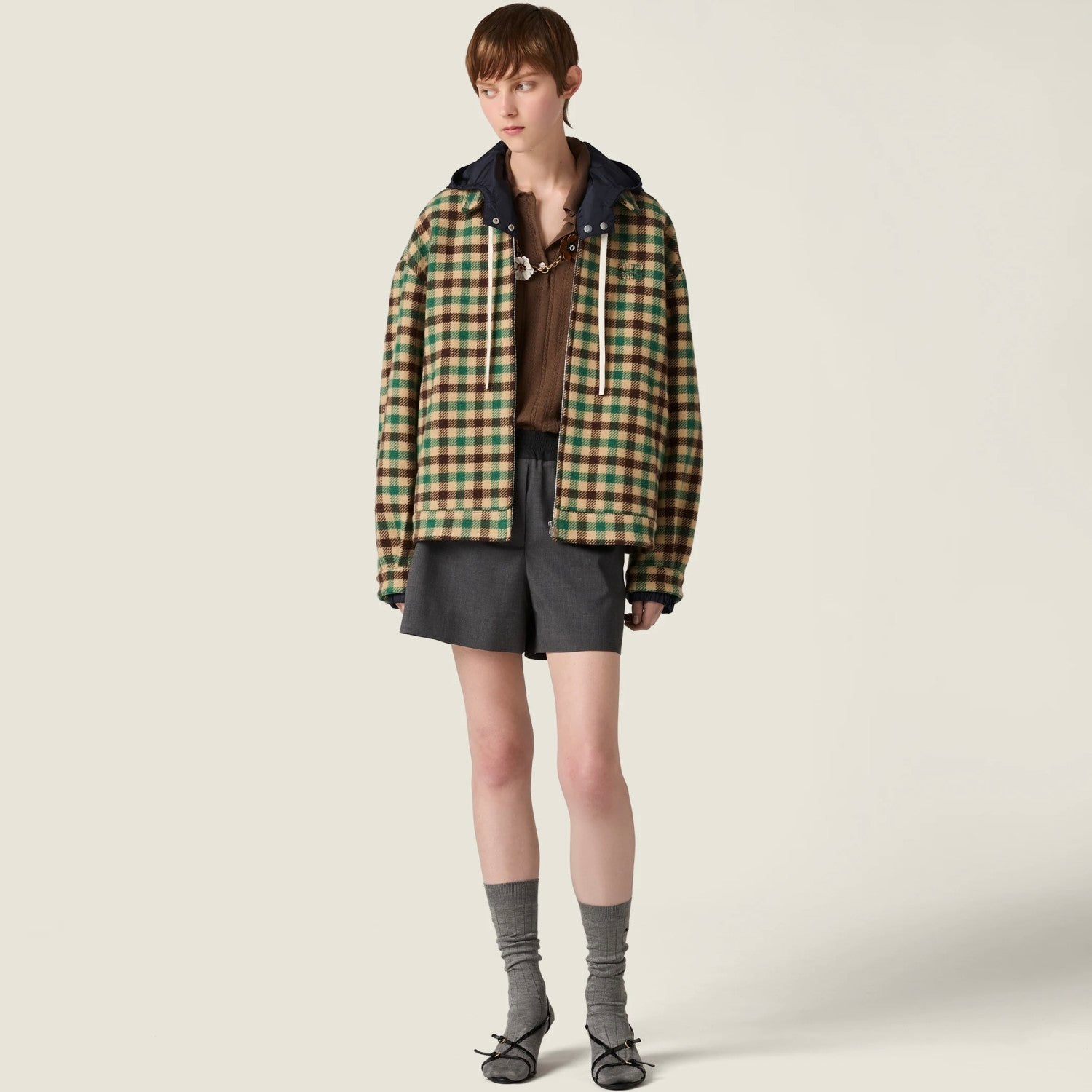 MiuMiu Women's Fall/Winter Lettering Eembroidered Logo Hood Zip Camel Green Navy Check and Technical Jacket #332611