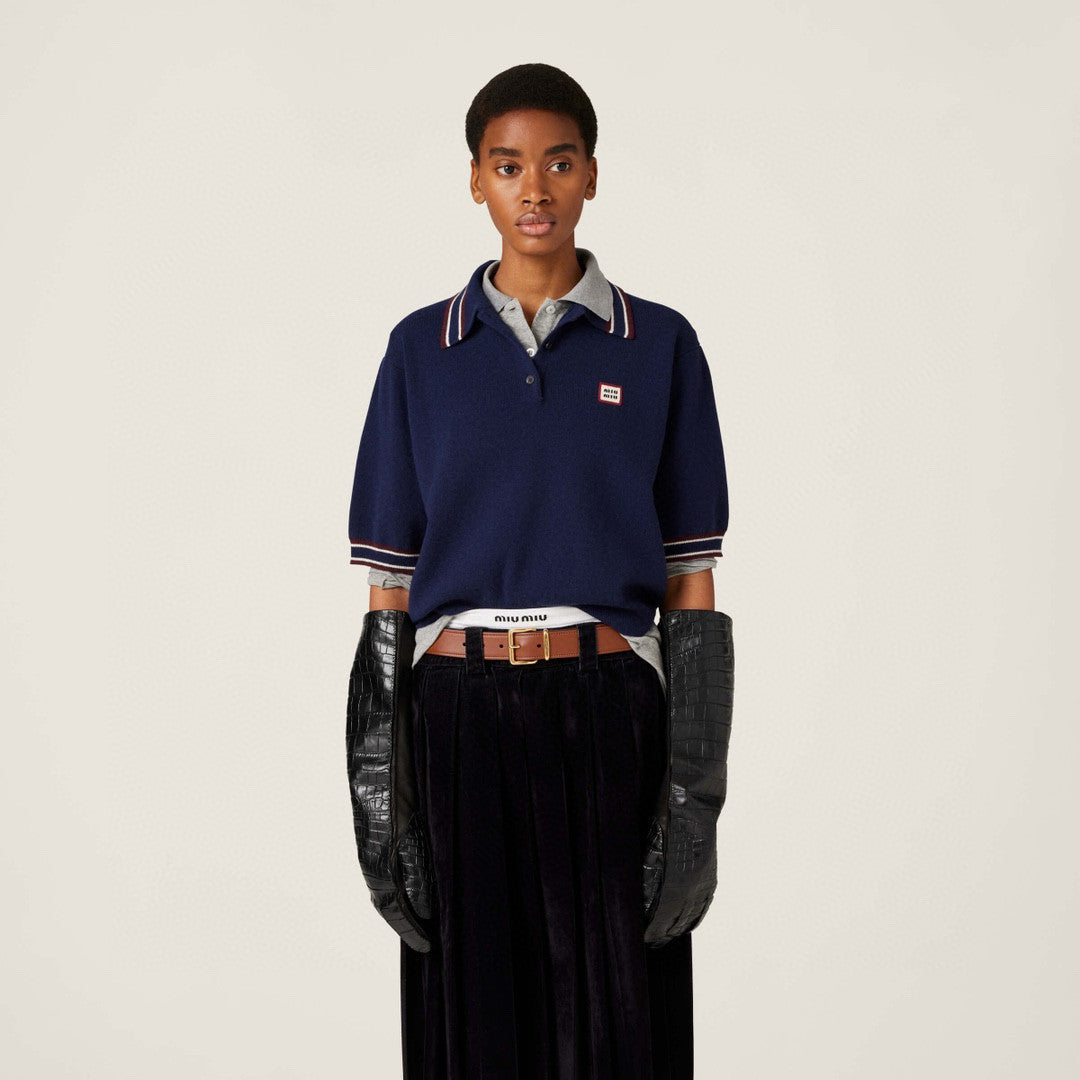 MiuMiu Women's Spring And Summer Polo Shirt Knitted Fashion Retro Navy Blue Striped Color Blocking Buttons Short Sleeve T-shirt Tops #81641