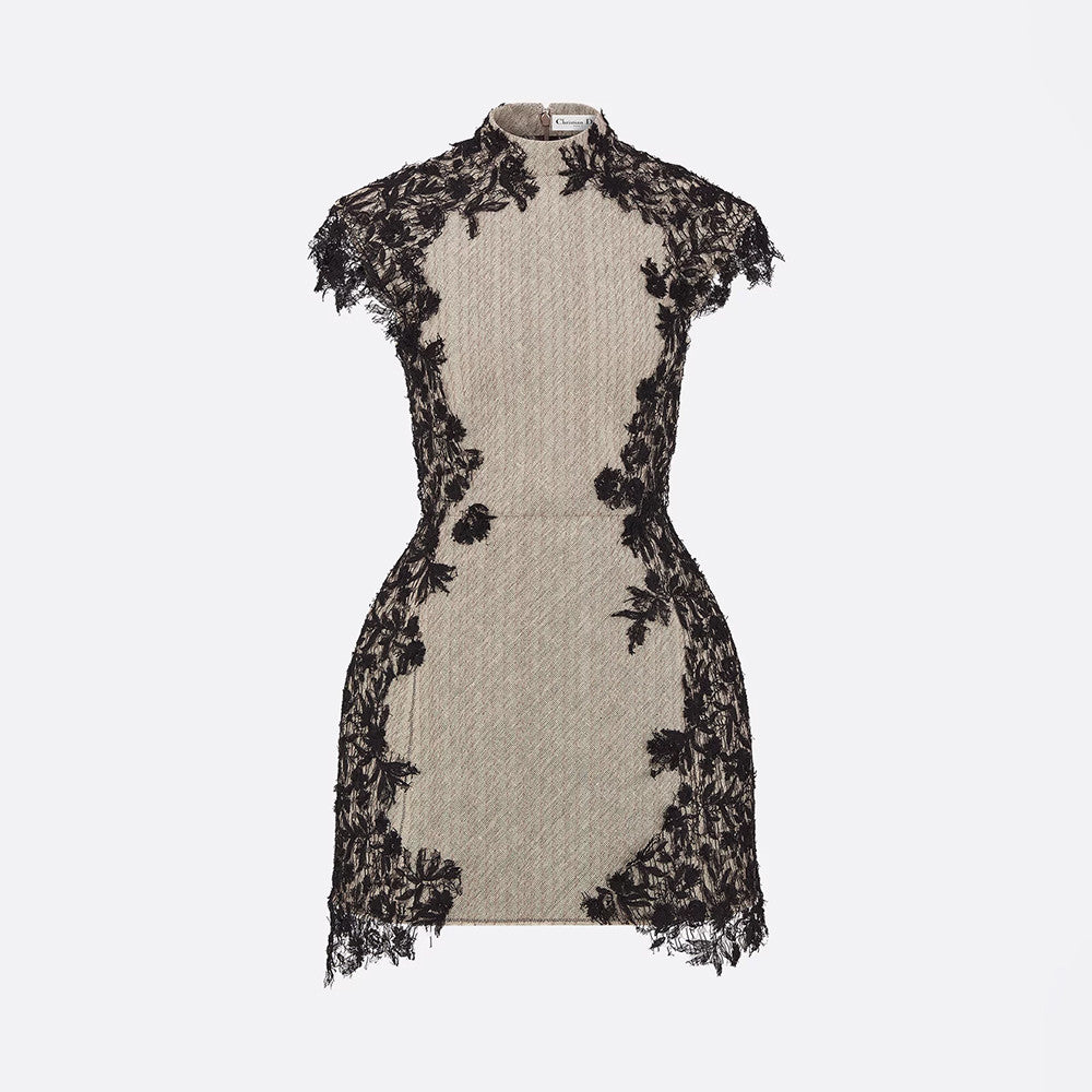 Dior Short Flared Dress Beige Horsehair-Effect Linen Blend and Black Lace #333525