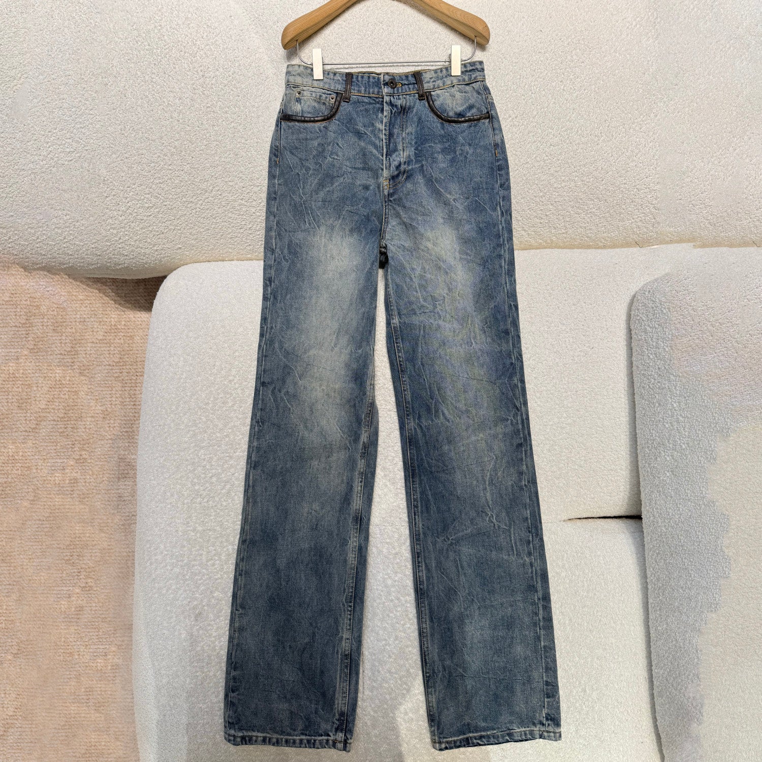 MiuMiu Women's Spring/Fall Fashion Casual Lapel Single Breasted Patchwork Leather Denim Jacket Stylish Relaxed Fit Denim Pants Suit Set #79385