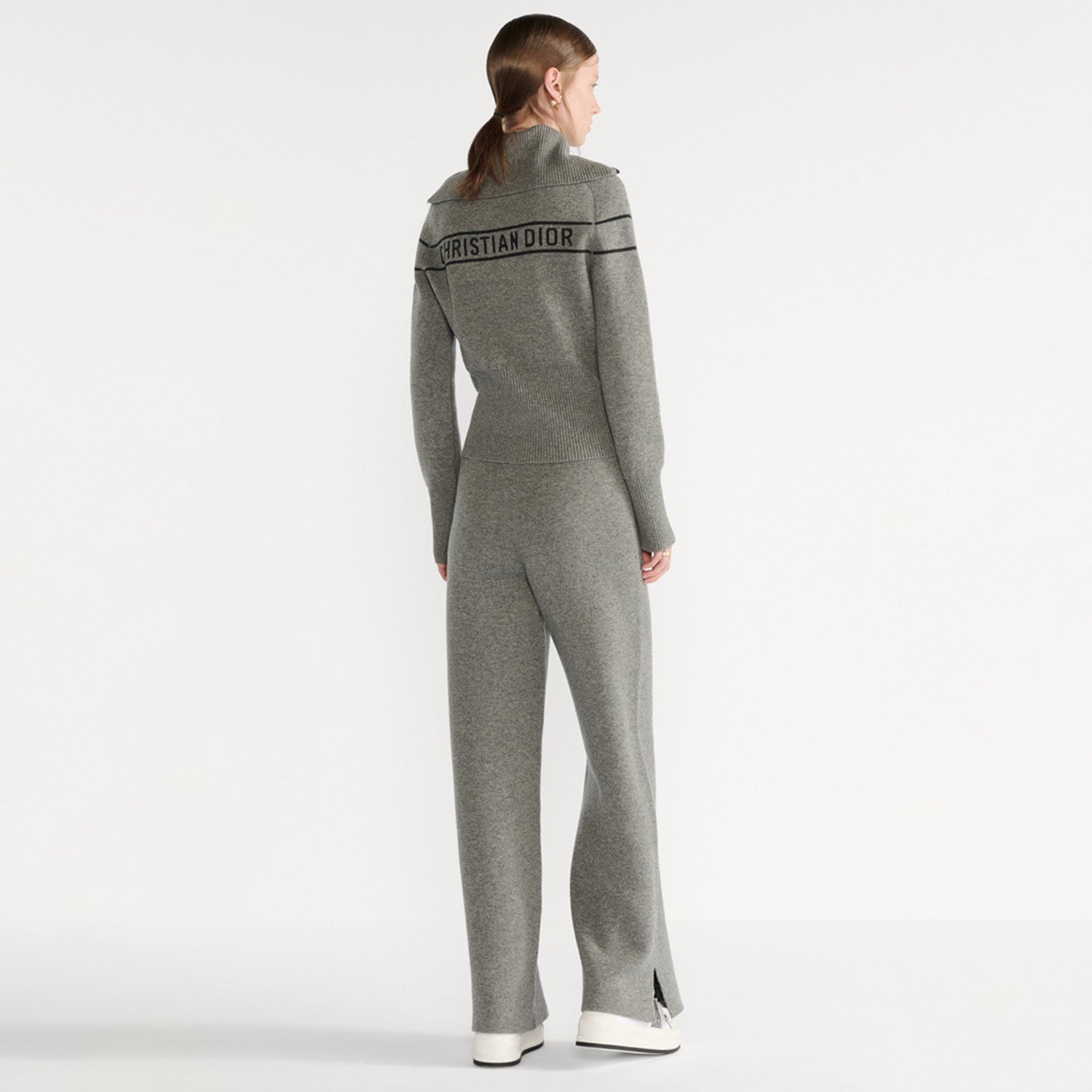 Dior Women's Fall/Winter Fashion Casual Reversible Cardigan with Zipper Oblique Print Wool Knit Cardigan With Elastic Waistband Solid Color Oblique Print Bell Bottom Pants Wide Leg Pants Suit Set #79342