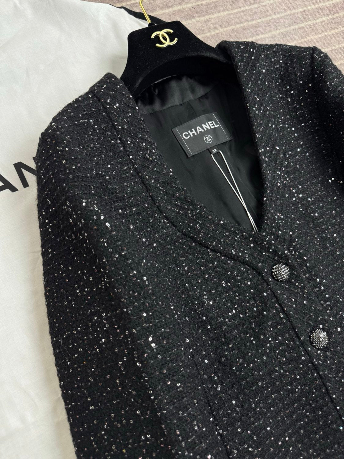 Chanel 25B Black Sequined Tweed Jacket #333126