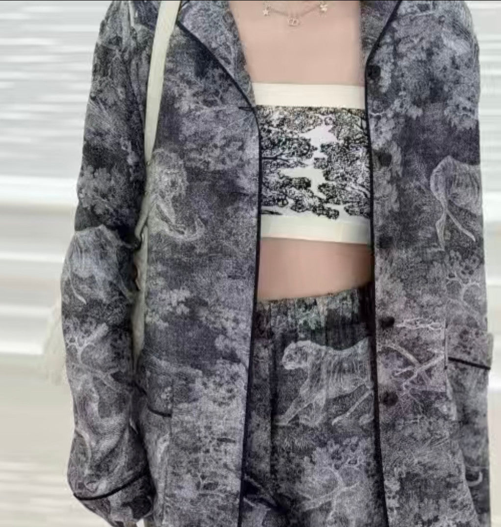 Dior Women's Spring/Summer/Fall Dioriviera Printed Loose Collar Long Sleeve Shirt Silk Elastic Waist Casual Straight Leg Pants Homewear Ngvp #2269