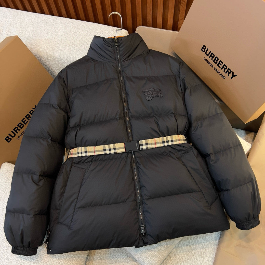 Burberry Women's Winter Fashion Casual Color Blocked High Neck Zipper Reversible Checkered Waist-Defining Down Jacket #78983