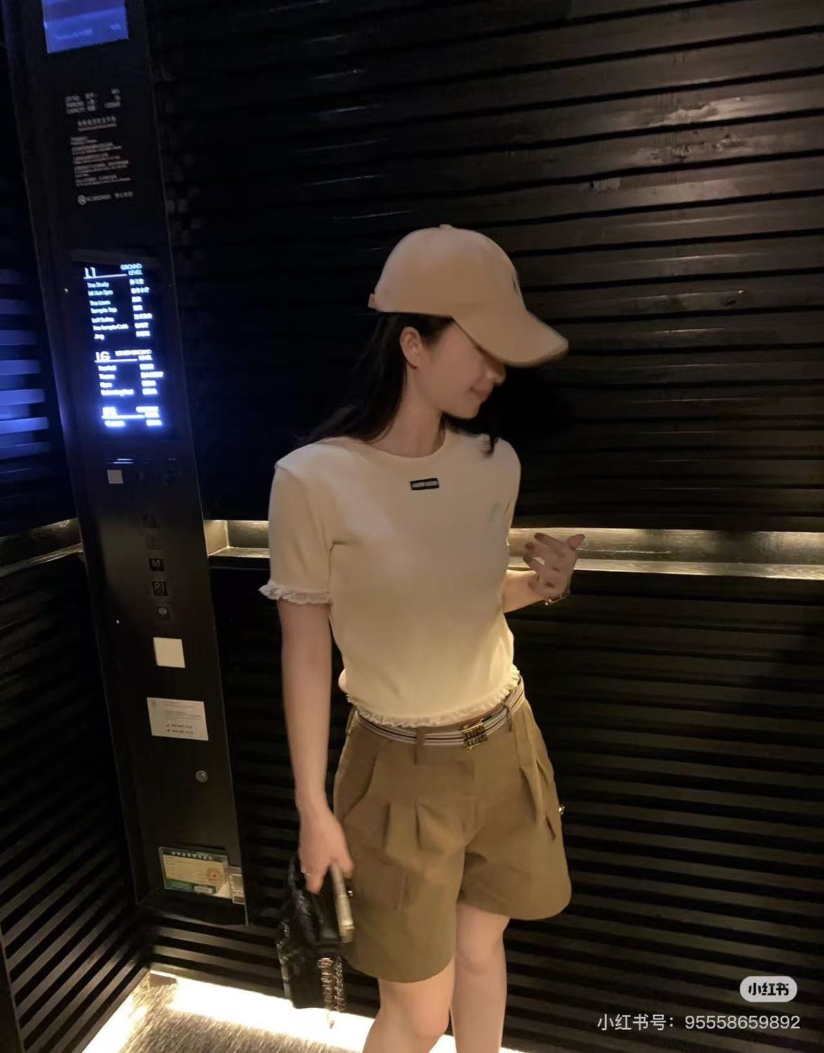 MiuMiu Lace White Knitted T-shirt Women's Spring And Summer Fashionable And Elegant Slim Patch Logo Round Neck Short-sleeved T-shirt Tops #81439