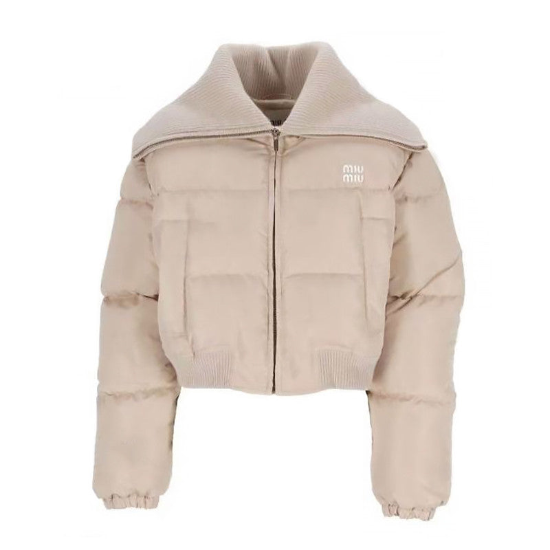 MiuMiu Women's Fall/Winter Logo-Printed Collar Zipper Goose Down Solid-Color Long-Sleeve Puffer Down Jacket #81739
