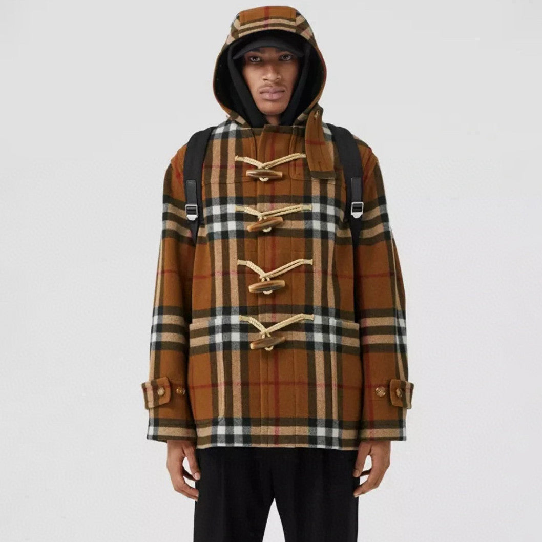 Burberry Men's And Women's Fall/winter Fashion Casual Checkered Hooded Single Breasted Short Coat With Horn Buttons Jacket #79427