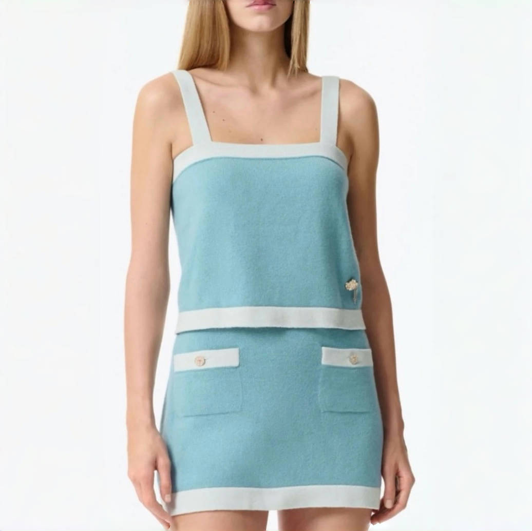 Chanel Women's Spring/Autumn Color-Block Single-Breasted Short-Sleeved Long-Sleeved Cashmere Knitted Cardigan Casual Logo Button Multi-Pocket Half-Skirt Ngvp #2282
