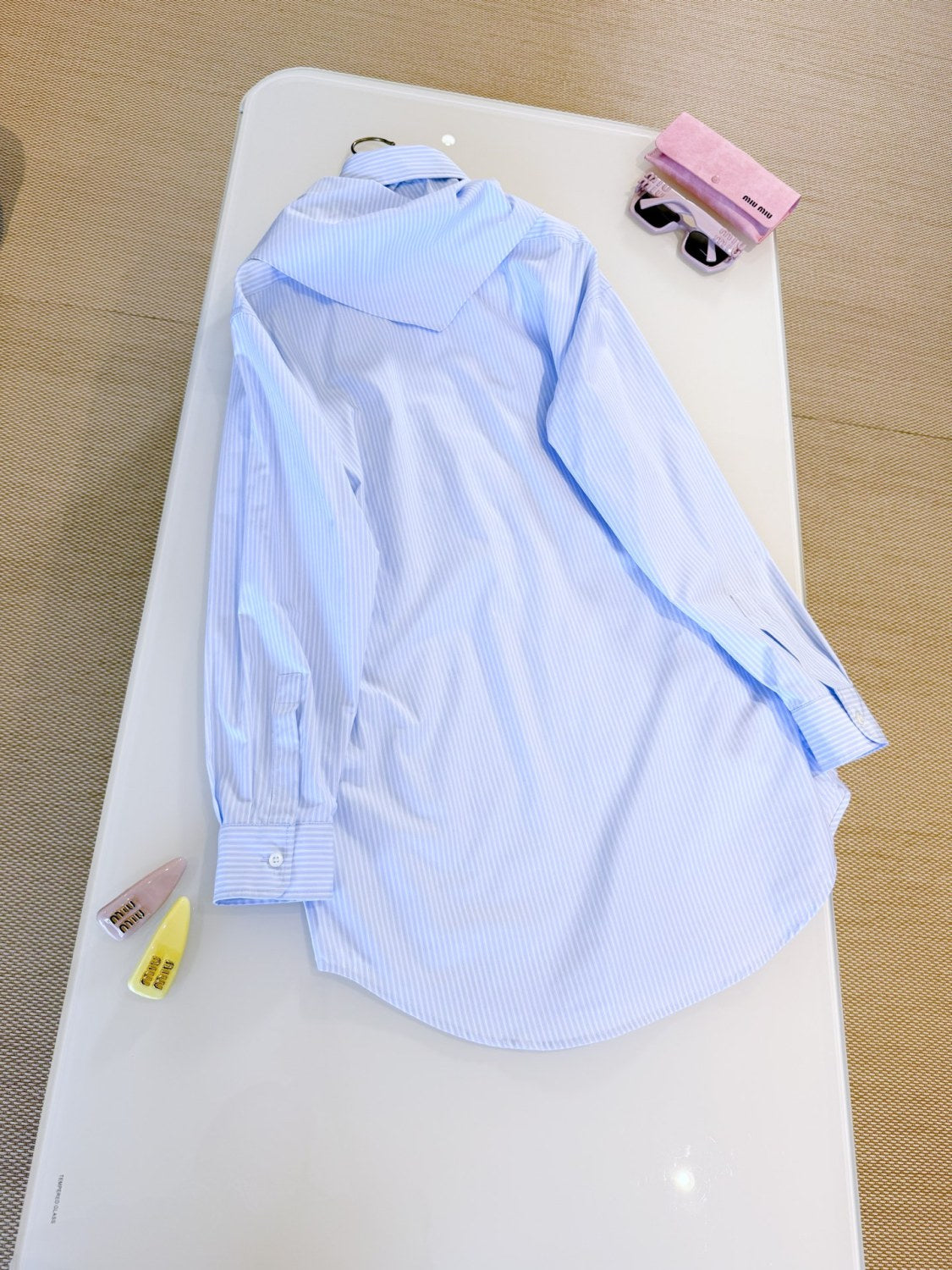 MiuMiu Women's Spring/summer Fashion Casual Scarf Striped Logo Embroidered Cotton Long Wide Cut Shirt #78398