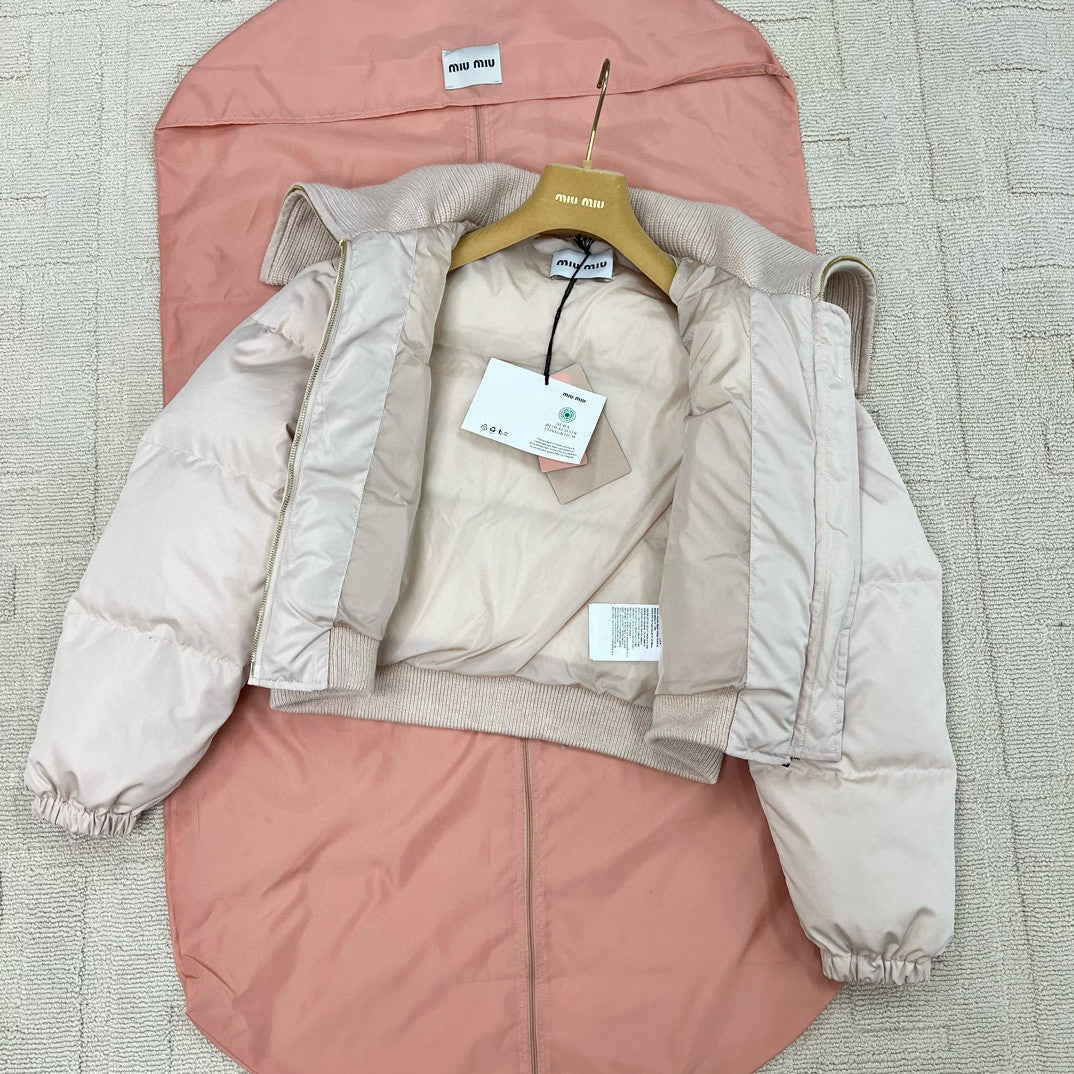 MiuMiu Women's Fall/Winter Logo-Printed Collar Zipper Goose Down Solid-Color Long-Sleeve Puffer Down Jacket #81739