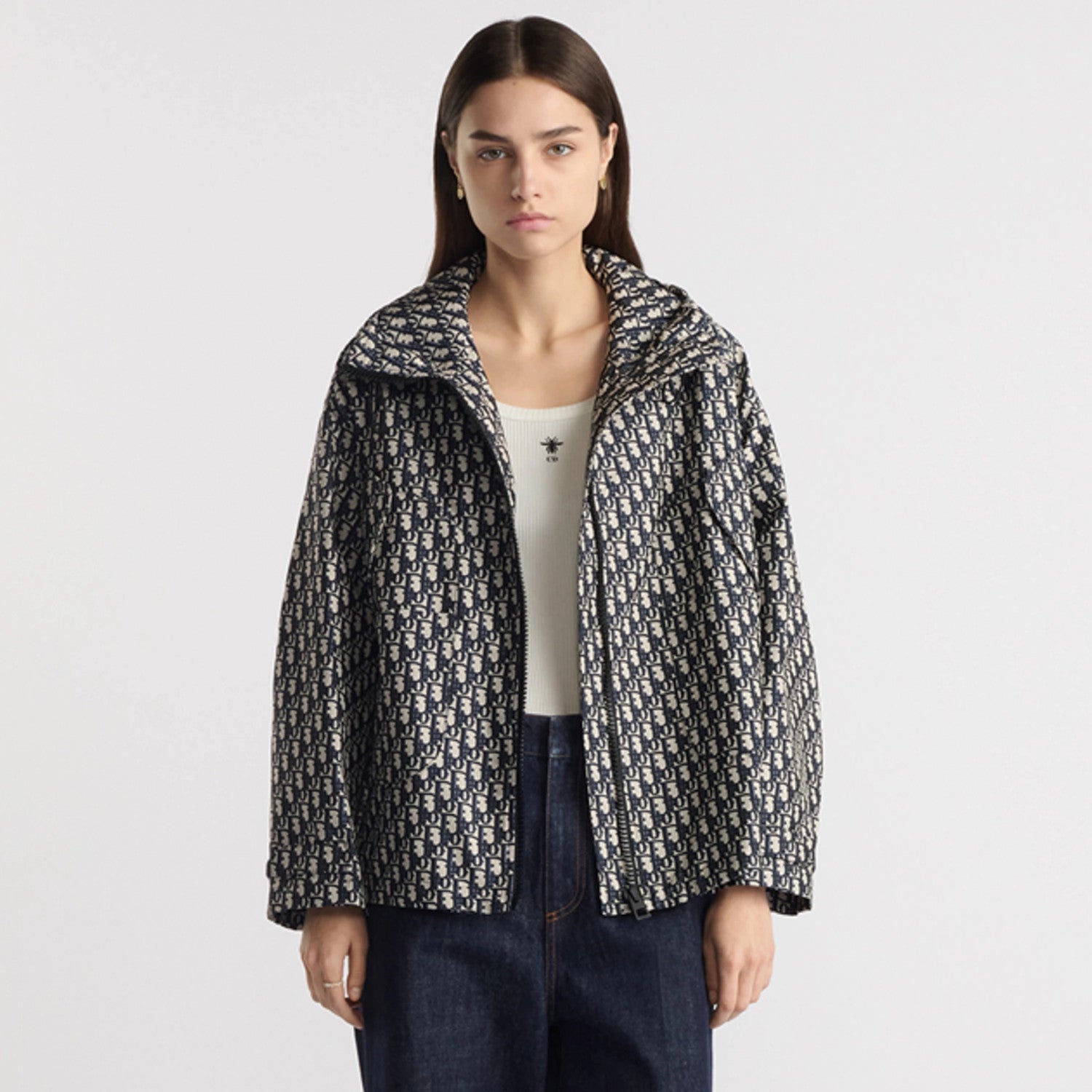 Dior Women's Fashionable Casual Winter Hooded Zipper Jacket Twill Print Long Sleeve Outerwear Jacket #78674