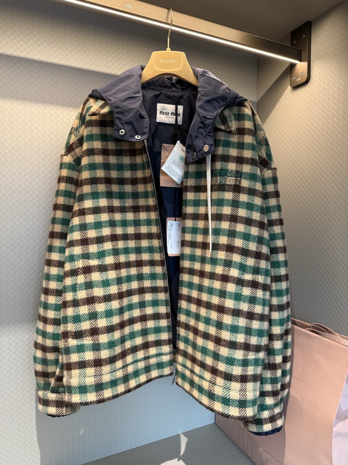 MiuMiu Women's Fall/Winter Lettering Eembroidered Logo Hood Zip Camel Green Navy Check and Technical Jacket #332611