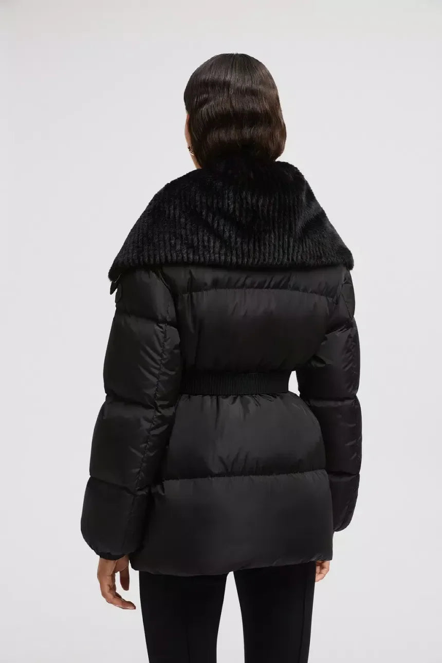 Moncler Women's Fall/Wimter Black Large Lapel Goose Down Jacket With Belt Nylon Short Style Light Jacket #332539