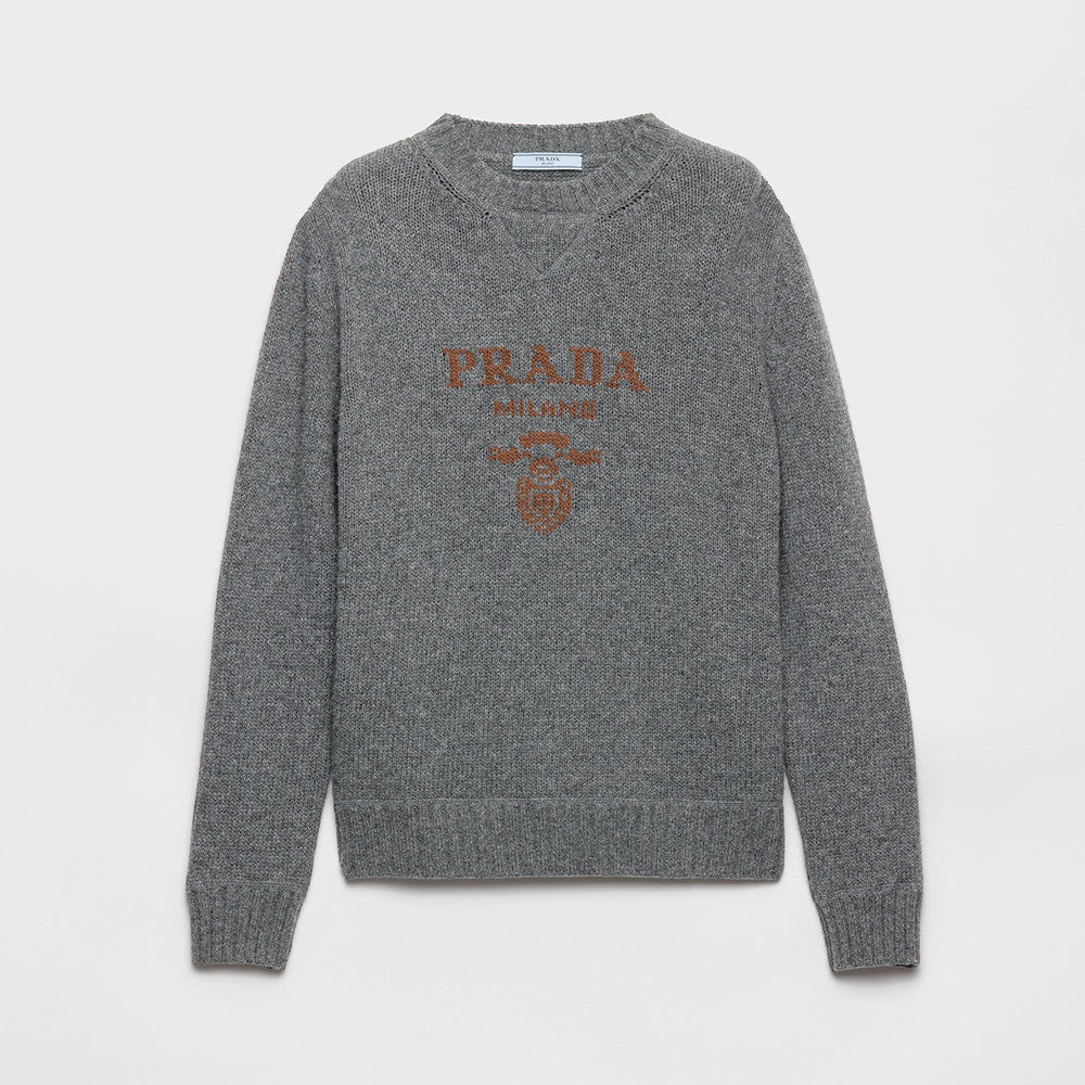 Prada Slate Gray Cashmere And Wool Prada Logo Crew-neck Sweater #336172