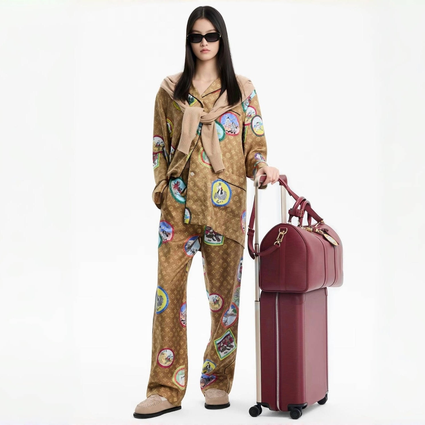 Louis Vuitton Men's And Women's Spring/Fall Fashion Casual V-Neck Collar Single-Button Print Shirt with Elastic Waistband Loose-Fit Relaxed Pants Sleepwear Suit Set #78868