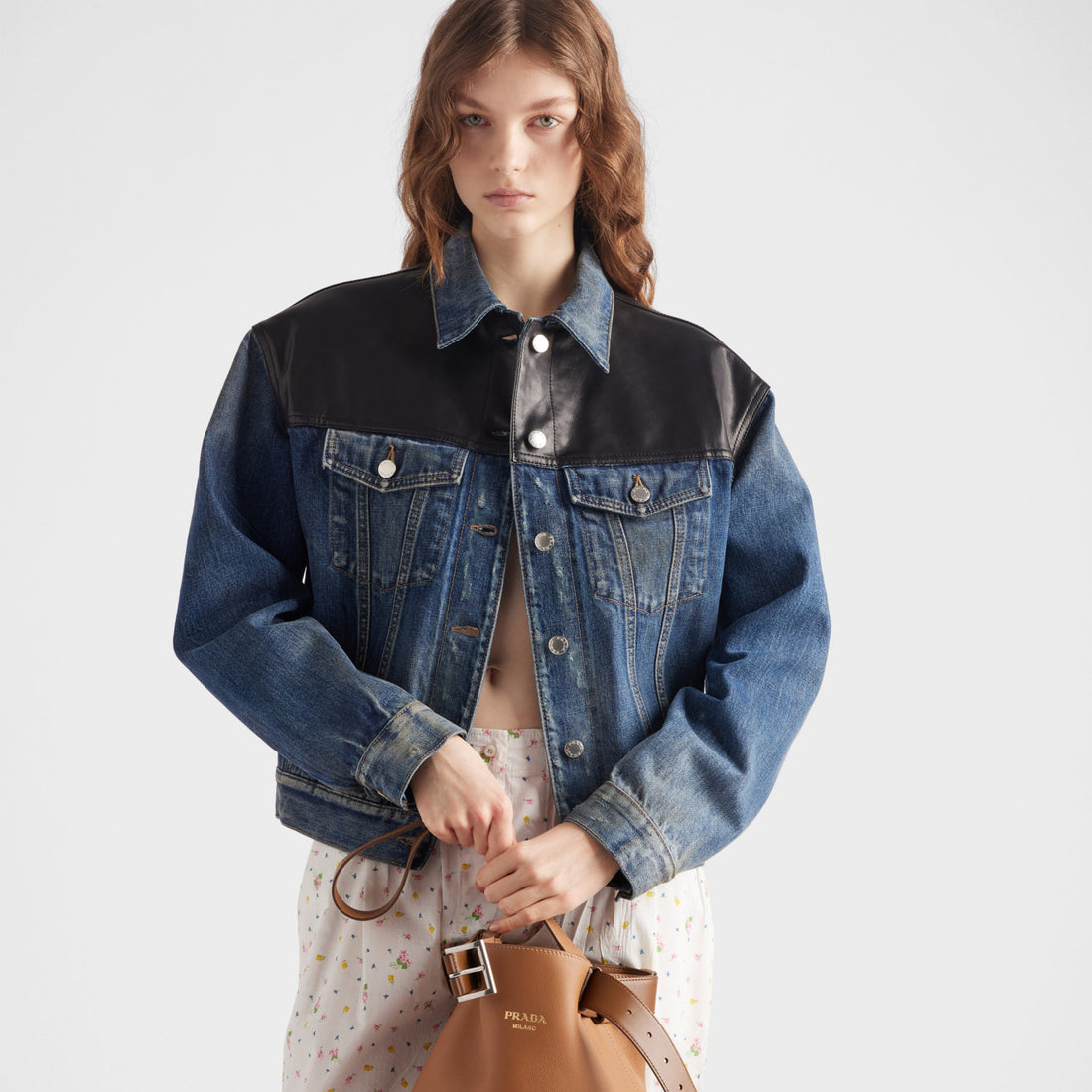 Prada Women's Spring/Fall Fashion Casual Lapel Single Breasted Patchwork Leather Short Denim Jacket #79162