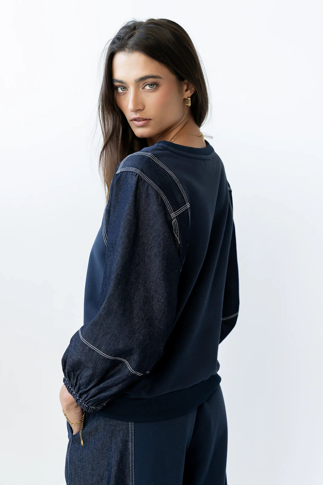 Malinda Mixed Media Top in Dark Wash