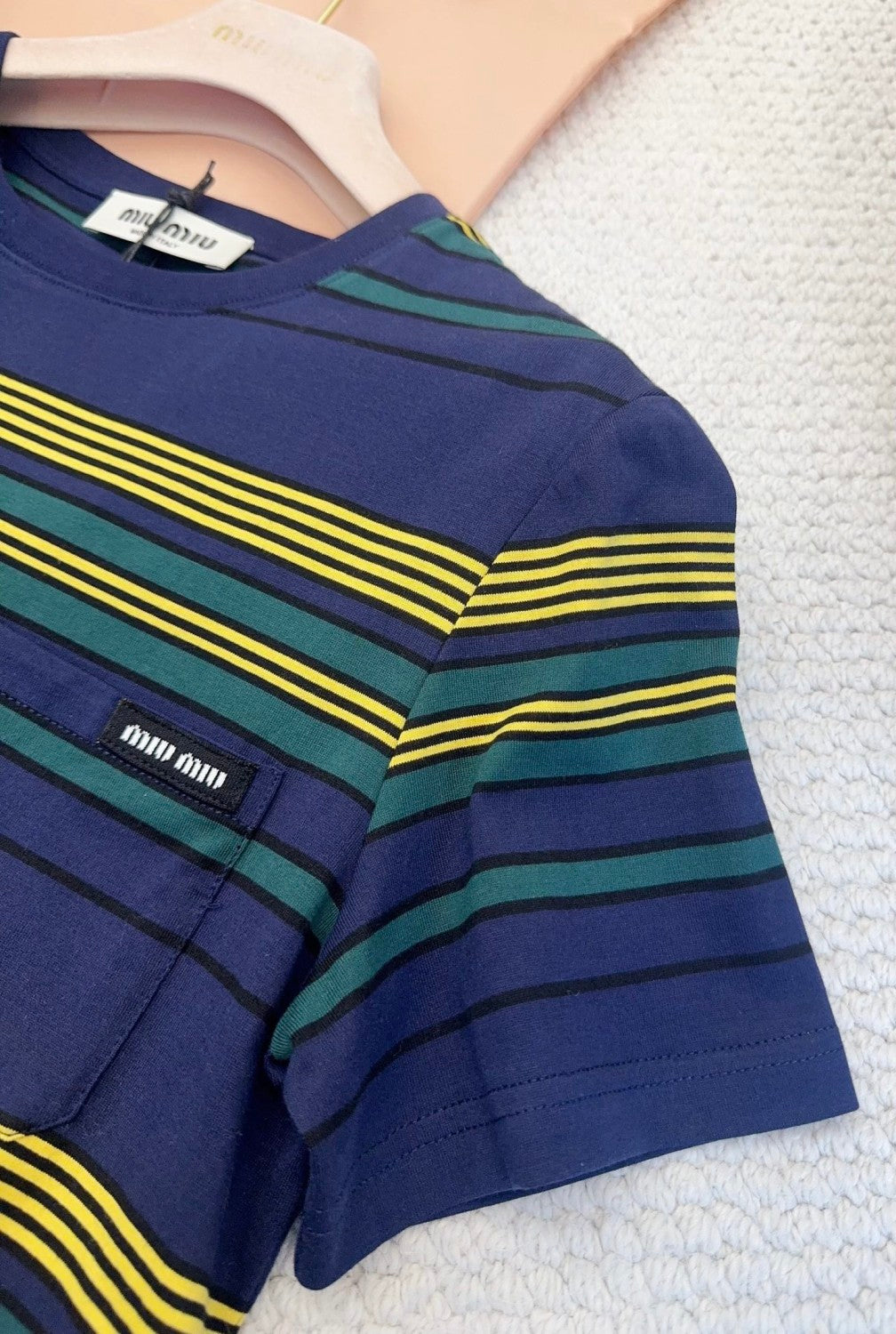 MiuMiu 25FW Women's Striped Short-sleeved T-shirt Yellow And Green Stripes Retro College Style Cotton Logo Pocket #332610