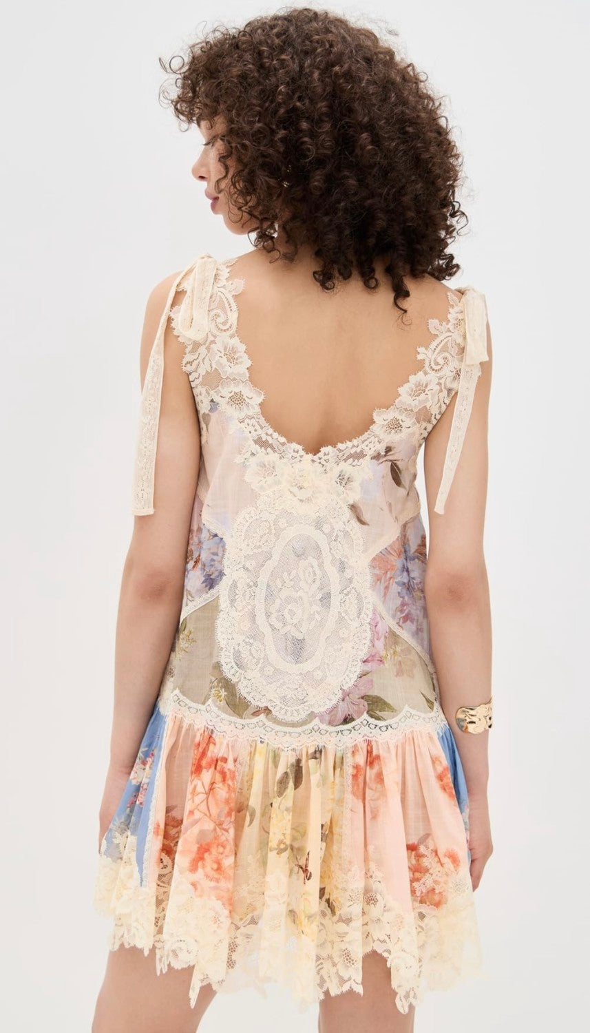 Zimmermann Women's Cascadian Lace Embroidered Contrast Color Patchwork Print V-Neck Summer Sleeveless Mini Dress #81568