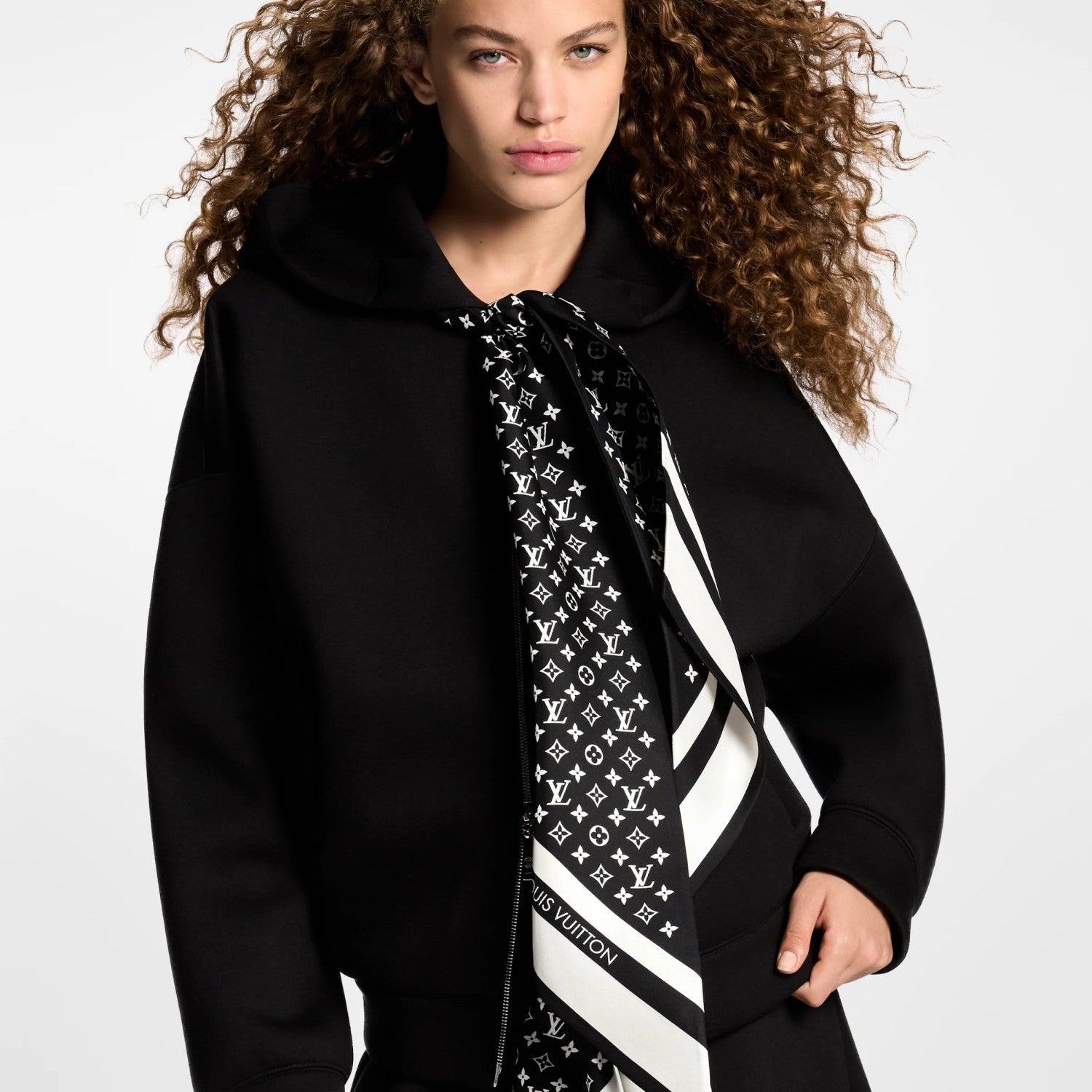 Louis Vuitton MONOGRAM Women's Fall/Winter Fashion Casual Silk Scarf Zipper Hooded Long Sleeve Sweatshirt with Mini Flared Casual Skirt Suit Set #78752