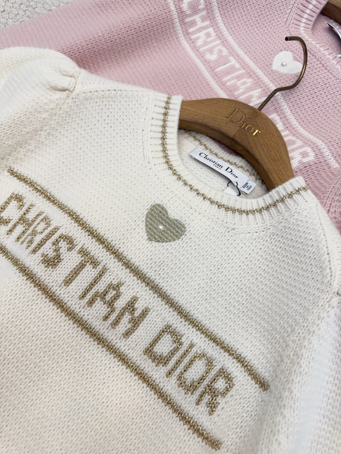 DIOR Short-Sleeved Sweater Ecru and Gold-Tone Virgin Wool-Cashmere Blend Knit #335676