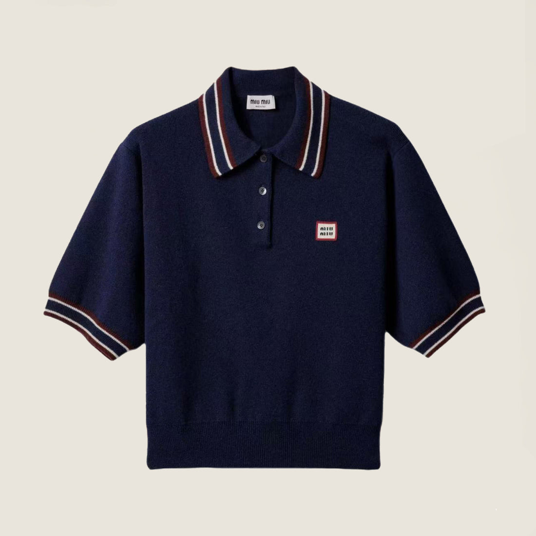 MiuMiu Women's Spring And Summer Polo Shirt Knitted Fashion Retro Navy Blue Striped Color Blocking Buttons Short Sleeve T-shirt Tops #81641