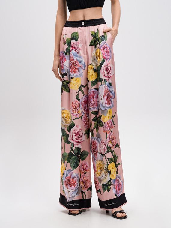Dolce&Gabbana Women's Autumn/winter Floral Print Silk Satin Blouse  Shirt With Belted Collar Straight-leg Casual Trousers Pants Set Suit  Ngvp #2628