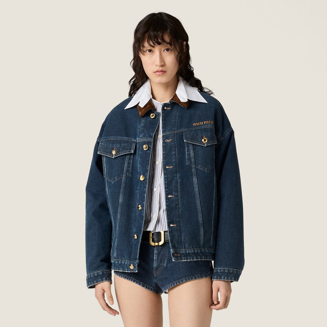 MiuMiu Men's and Women's Spring/Fall Casual Classic Embroidered Letter Cotton Denim Jacket Flocked Denim Velvet Texture Outerwear Jacket #78447