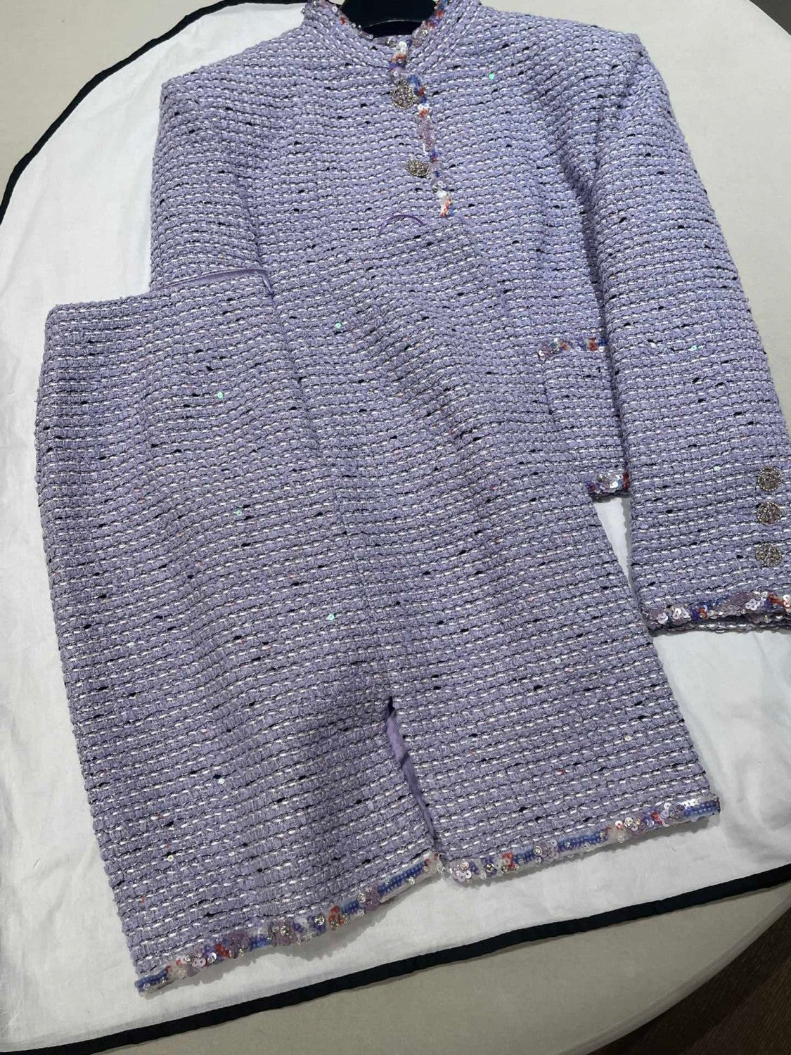 Chanel Jacket Skirt Cotton Tweed Sequins Lilac #376154