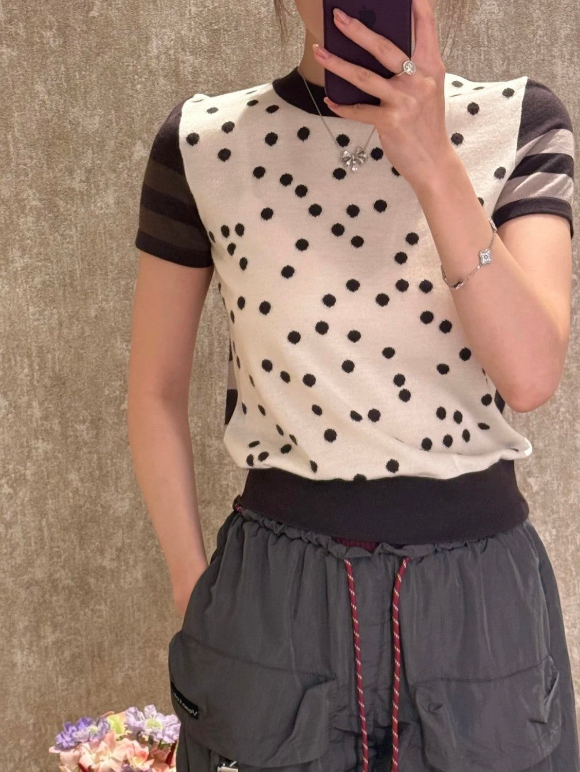 Hermes Women's Spring And Summer Cashmere Knitted T-shirt Round Neck Short-sleeved Color Collision Striped Polka Dot Short Knitted Sweater Bottoming Sweater Ngvp #2473