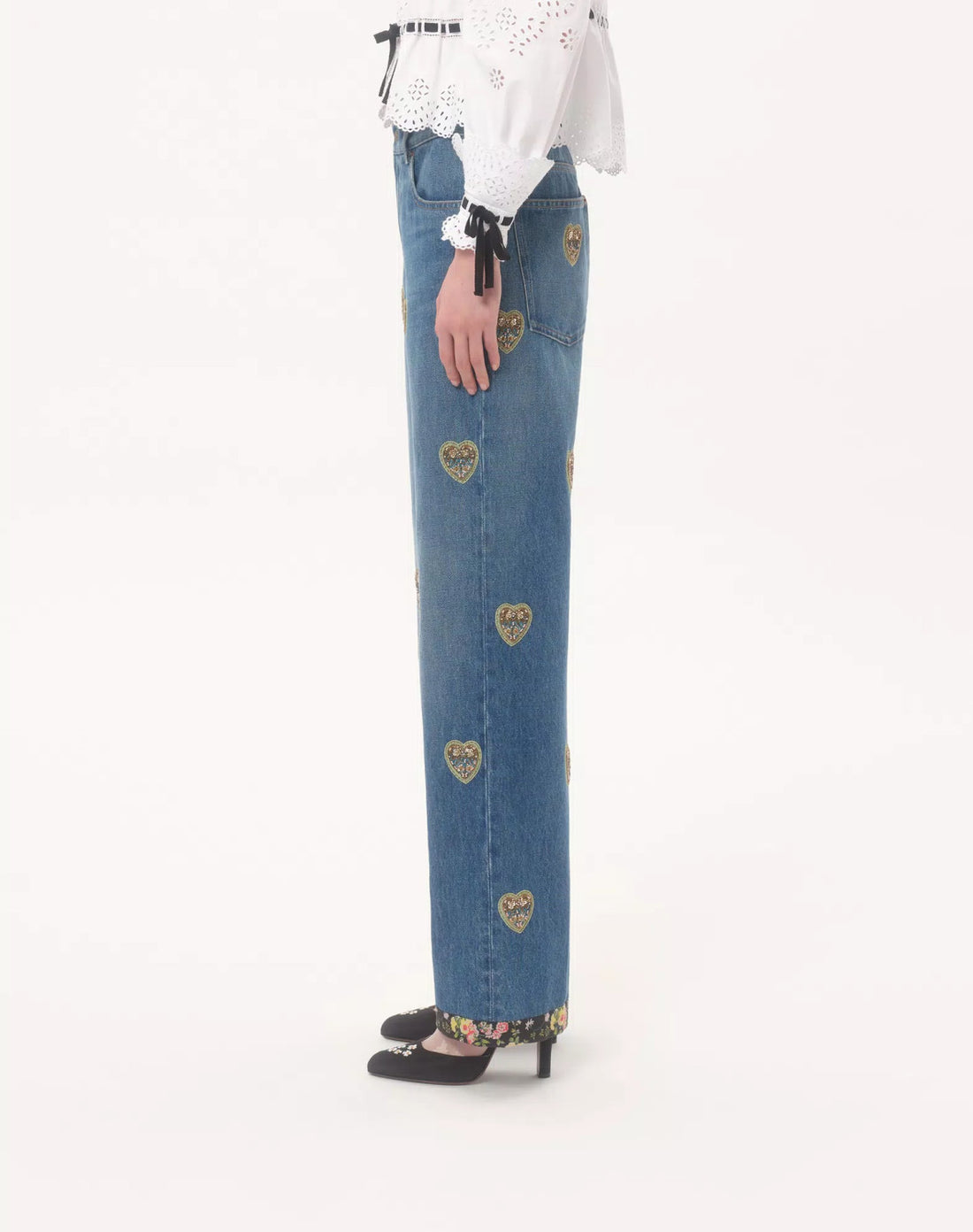 Valentino Women's Four-Season Vintage Heart-Shaped Embroidered Floral Beaded Solid-Color Denim Jeans Pants Ngvp #2379