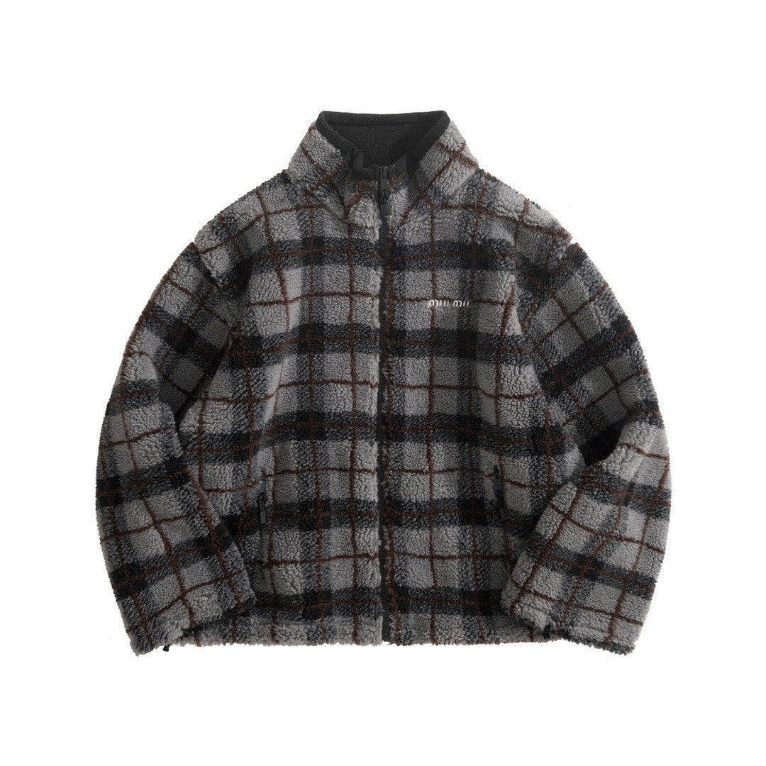 MiuMiu Gray black Checked Teddy Zipper Jacket #335443