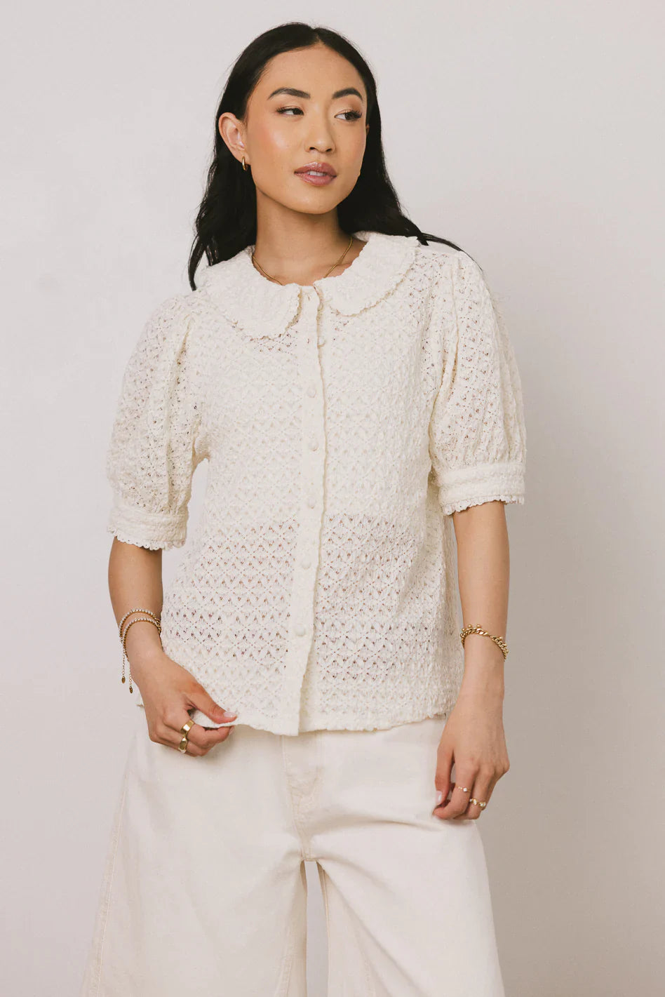 Lyla Collared Lace Top in Ivory