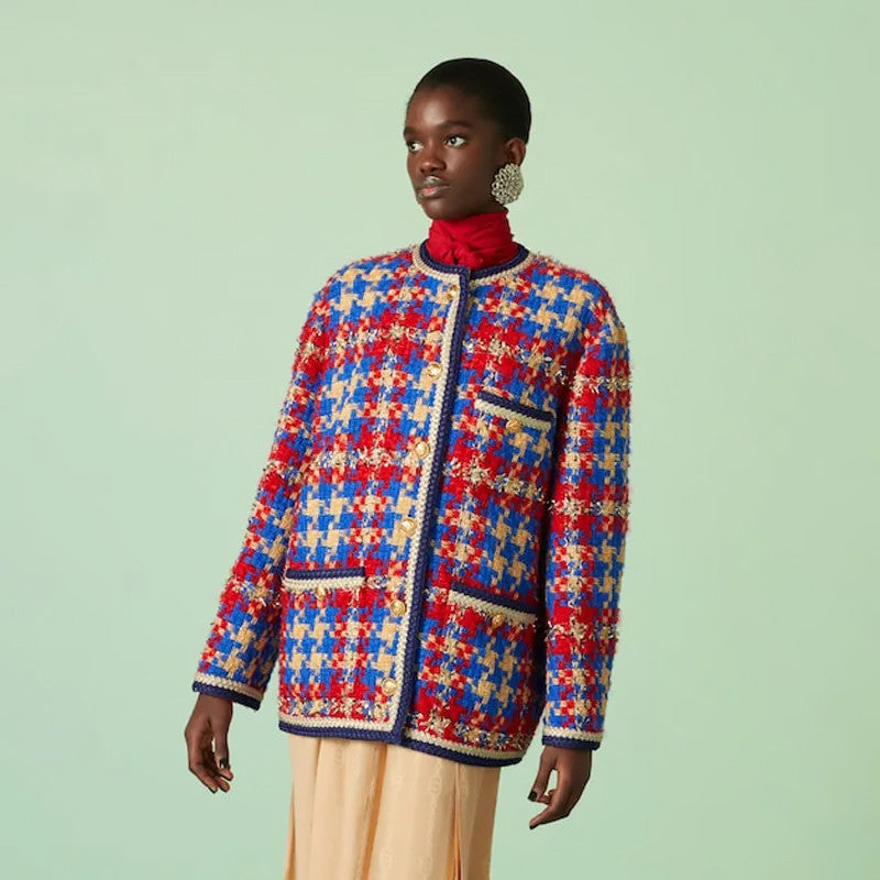 Gucci Women's Spring/Fall Vintage Multi-Color Oversized Casual Checkered Knit Wool Blend Tweed Long-Sleeve Single-Breasted Coat Jacket Ngvp #2322