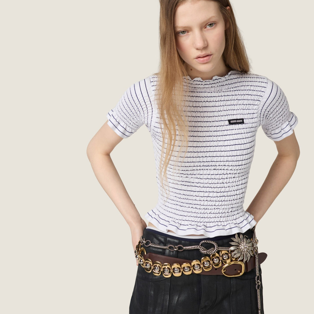 MiuMiu Women's Summer Fashion Casual Pleated Striped Solid Color Knitted Top T-Shirt #78443