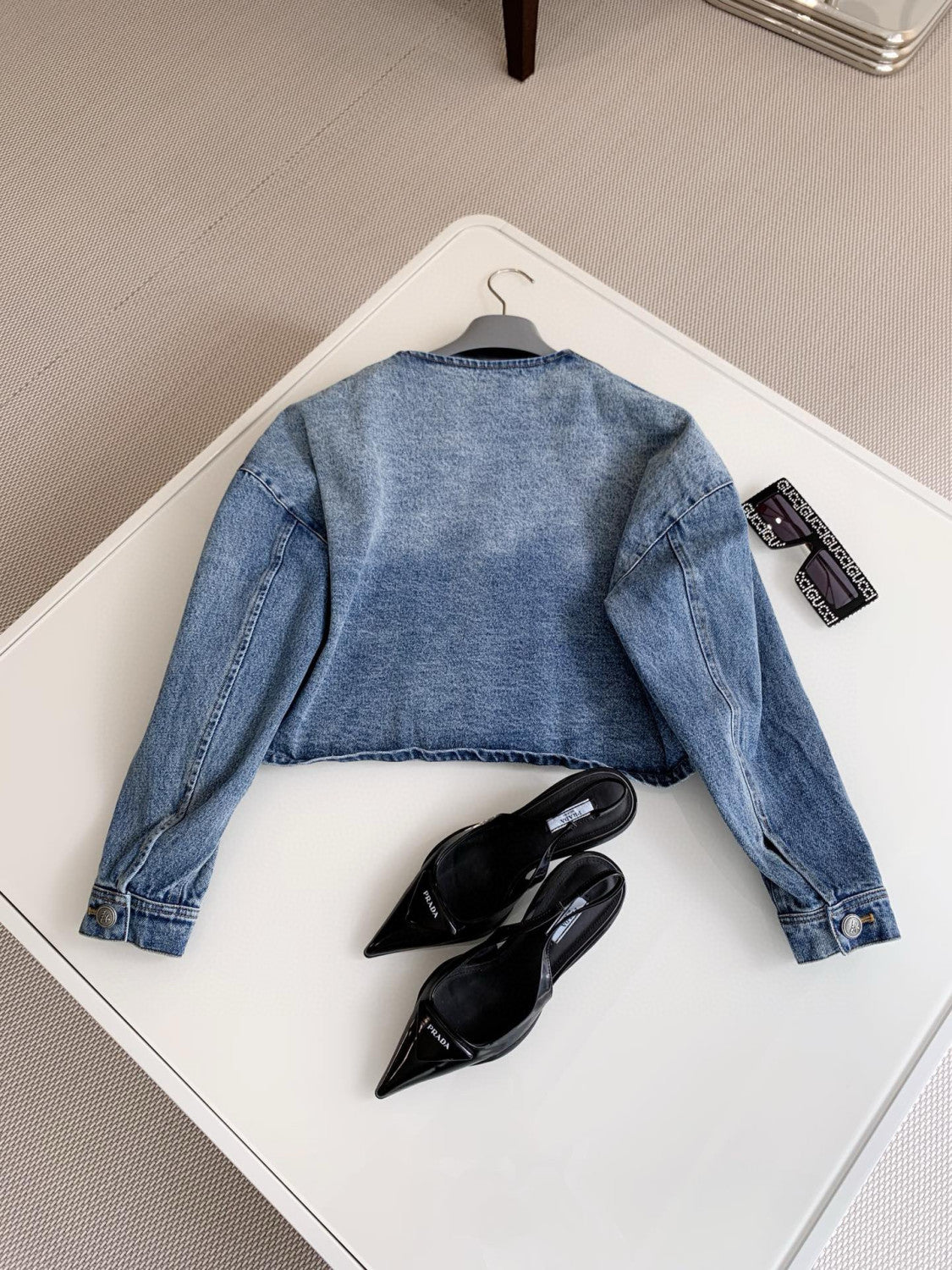 Prada Women's Spring/Summer/Fall Triangle Logo Waistband Denim Solid Color Single-Breasted Short Cotton Denim Blouson Jacket #81583