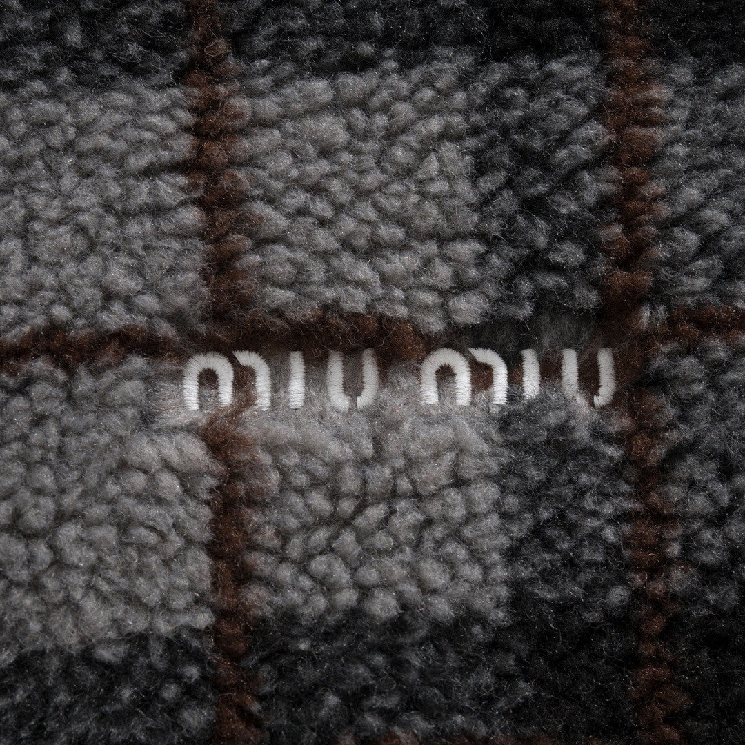 MiuMiu Gray black Checked Teddy Zipper Jacket #335443