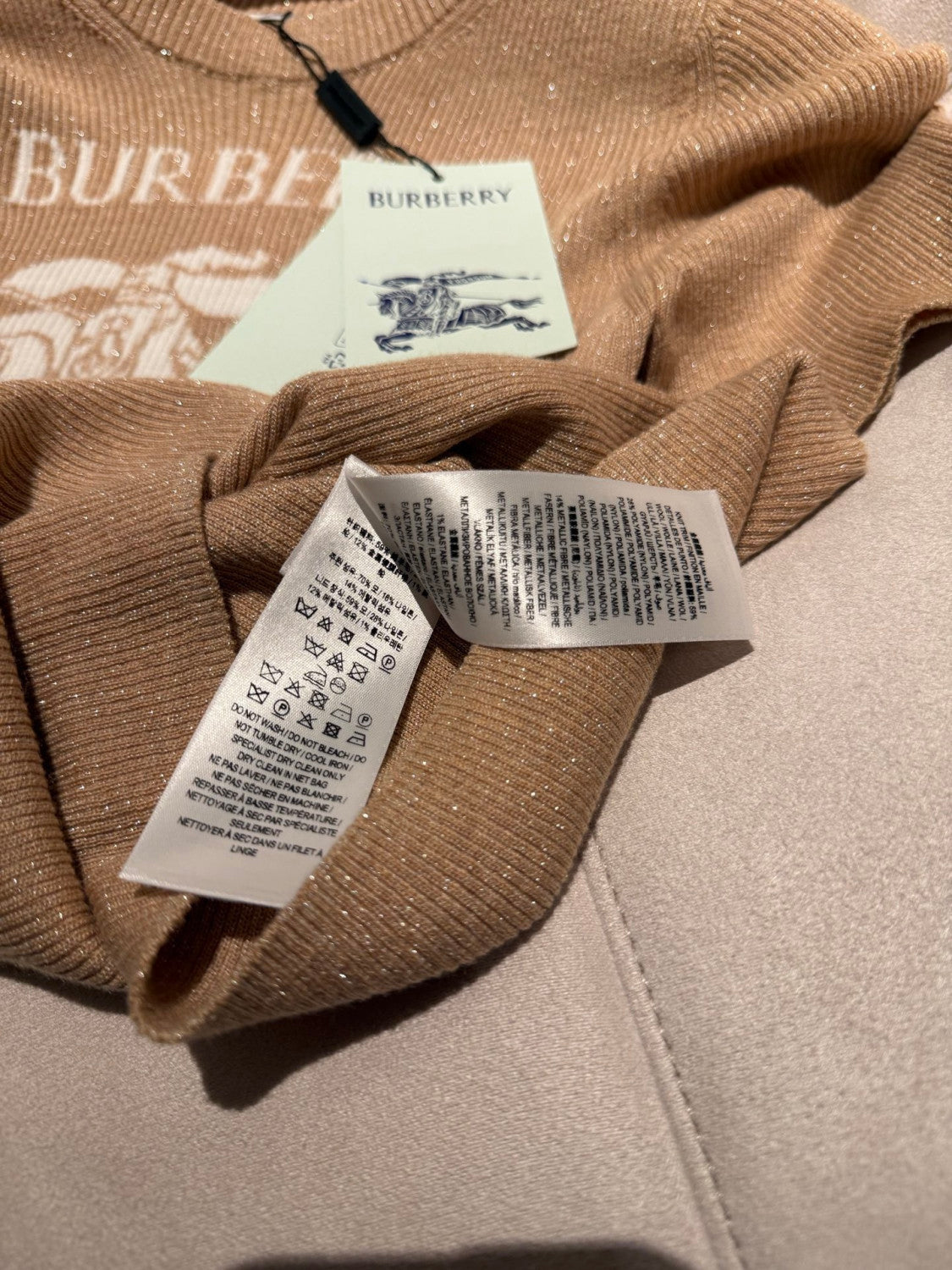Burberry EKD Metallic Wool Blend Top in Archive Beige Gold #337142