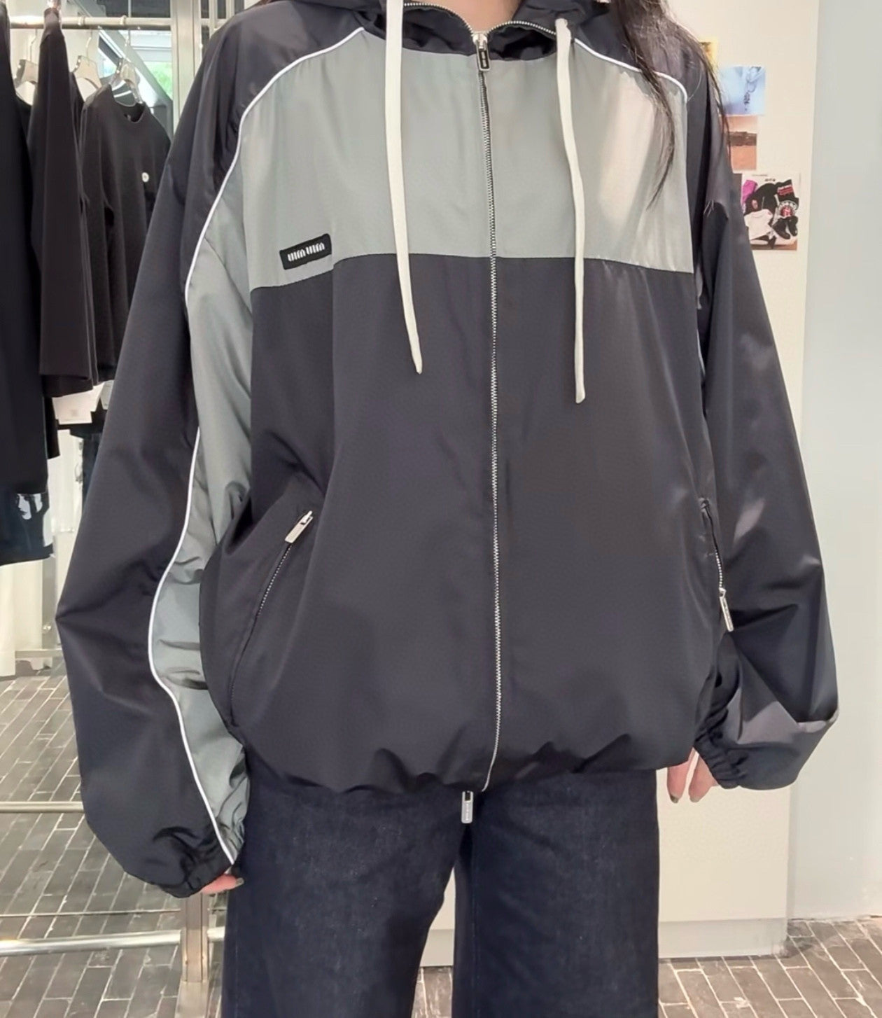 MiuMiu Women's Spring/Summer Striped Color-Block Logo Zipper Hooded Oversized Short Jacket #81594
